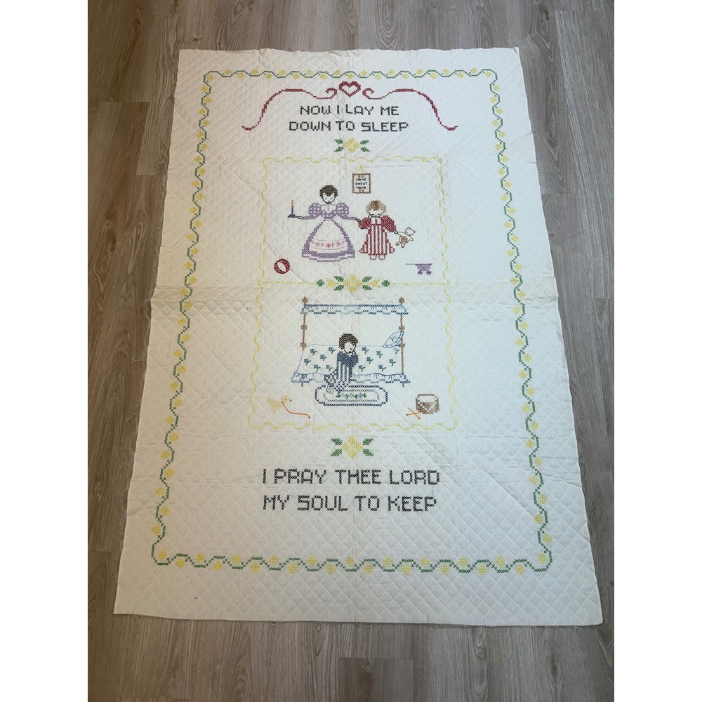 Vintage handmade Cross Stitch Whimsy Baby Quilt Top Now I Lay Me Down To Sleep
